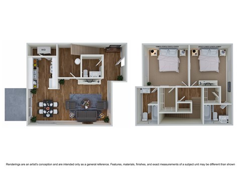 A floor plan of a small apartment with a living room, kitchen, and two bedrooms.